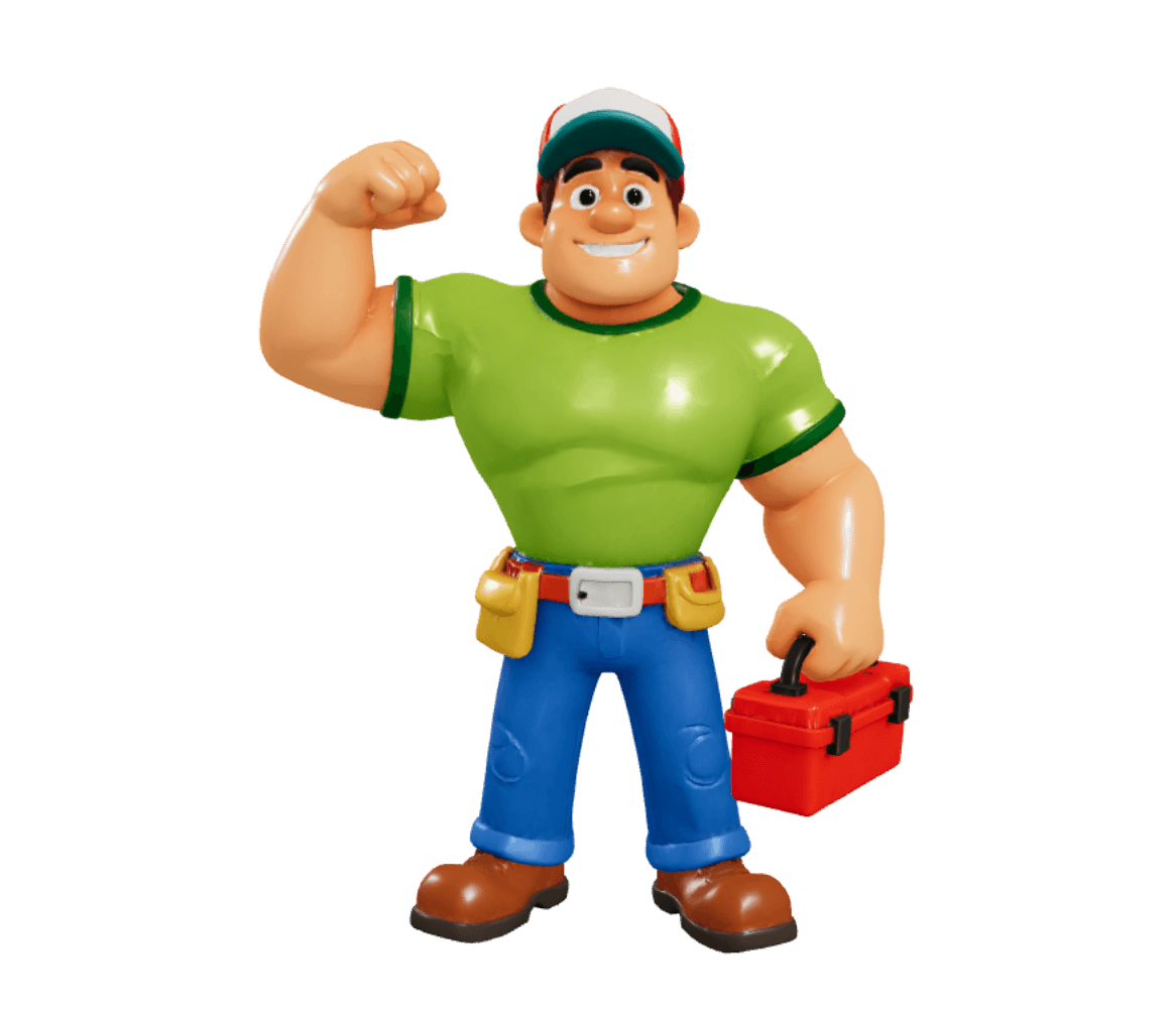 Muscular 3D Handy Manny flexing and holding a red toolbox